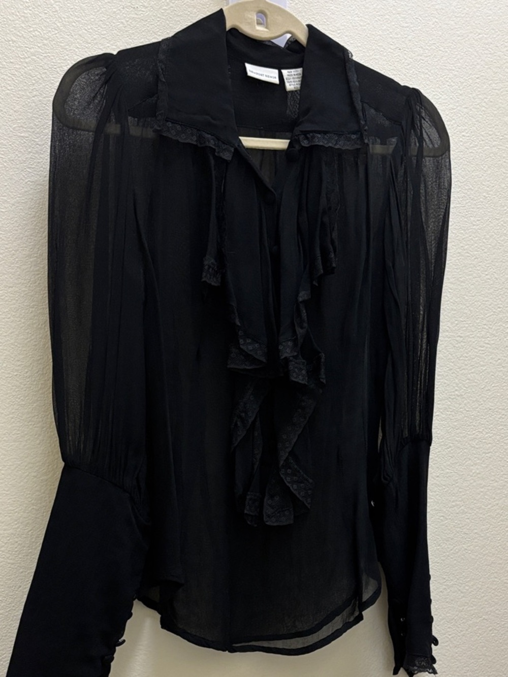 Newport News Black Sheer Ruffle Tie-Neck Blouse